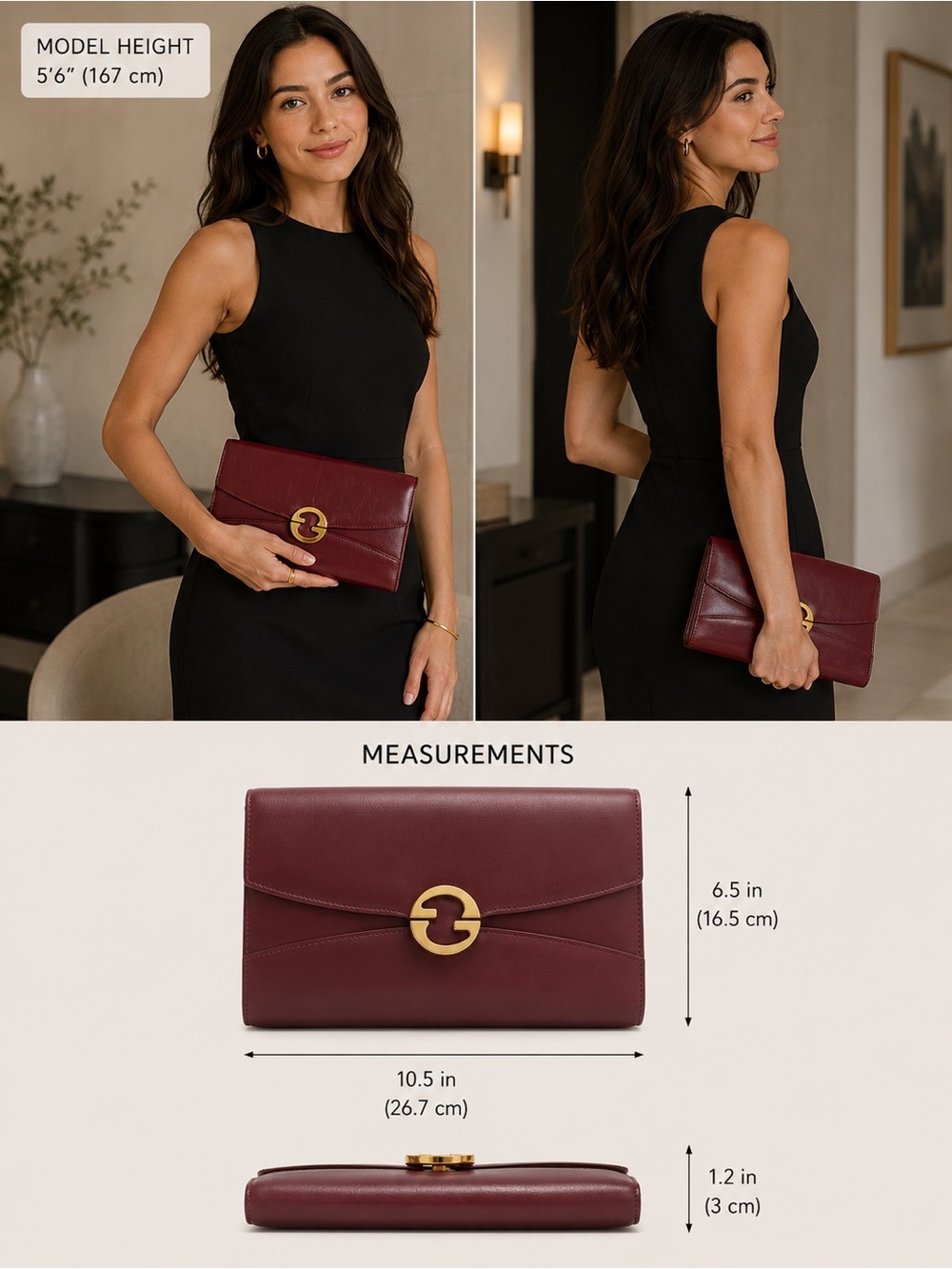 Vintage Gucci Burgundy Leather Envelope Clutch with Gold Hardware